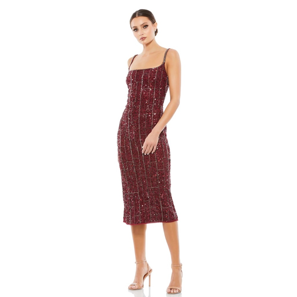 Mac Duggal 10770‎ Burgundy Beaded Spaghetti Strap Midi Slip Dress Size 2-  NWT